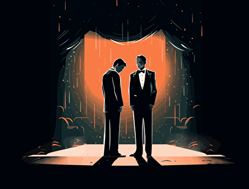 vector illustration of two men standing on stage in tuxedos, in the style of aestheticized violence, captured essence of the moment