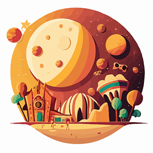 a toon vector illustration of a planet, that contains all the representation of child good memories such as amuzement parks, fairs, circus, cinema