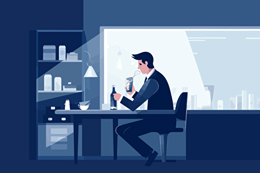Person in an office drinking alcohol, flat style illustration for business ideas, flat design vector, industrial, light and magical, high resolution, entrepreneur, colored cartoon style, light indigo and dark indigo, cad( computer aided design) , white background