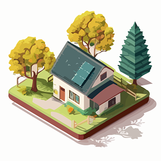 simple vector drawing, single color, vector image, house with trees and photovoltaic panels on the roof, isometric view, white background