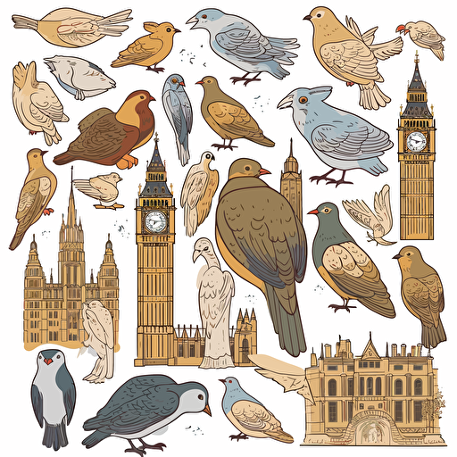 pidgeons clipart a set of stickers paper cutouts for scrapbooking collage UK themed. Vector image of Westminster London, full view, highly quality, no text, illustration,