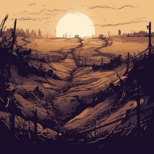 world war I battle landscape, with trenches barricades, barbwire , 16:9 format, illustration vectorial style, limited color palette, view from above