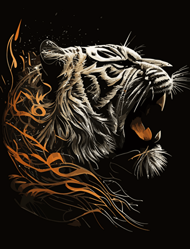 roaring tiger, abstract art illustration, white bamboo on black background, vector art