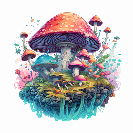 round up design with digital illustration of mushrooms, magic world inspired by Studio Ghibli, vector illustration, intricate details, unreal engine, extremely high detailing, sharp, white background