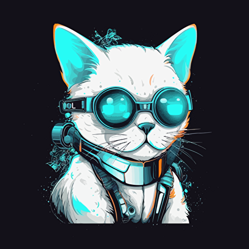character design, white cat wearing glasses, cyberpunk vector illustration