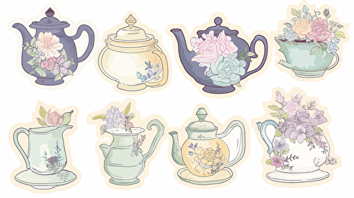 imagine sticker sheet of different types of antique tea pot, flowers, soft pastel color, antique style, white background, hd, vector