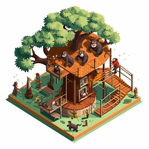 isometric cartoon vector image of a large primate enclosure with apes swinging on a large tree in the center with transparent background