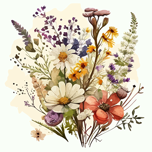 wildflowers, arrangement of many different flowers, watercolor, flat, vector