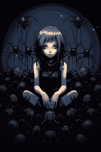 beautiful gothic girl with large eyes and volumptuous curvy body, sitting on floor surrounded by spiders,cutout,vector, intense colors