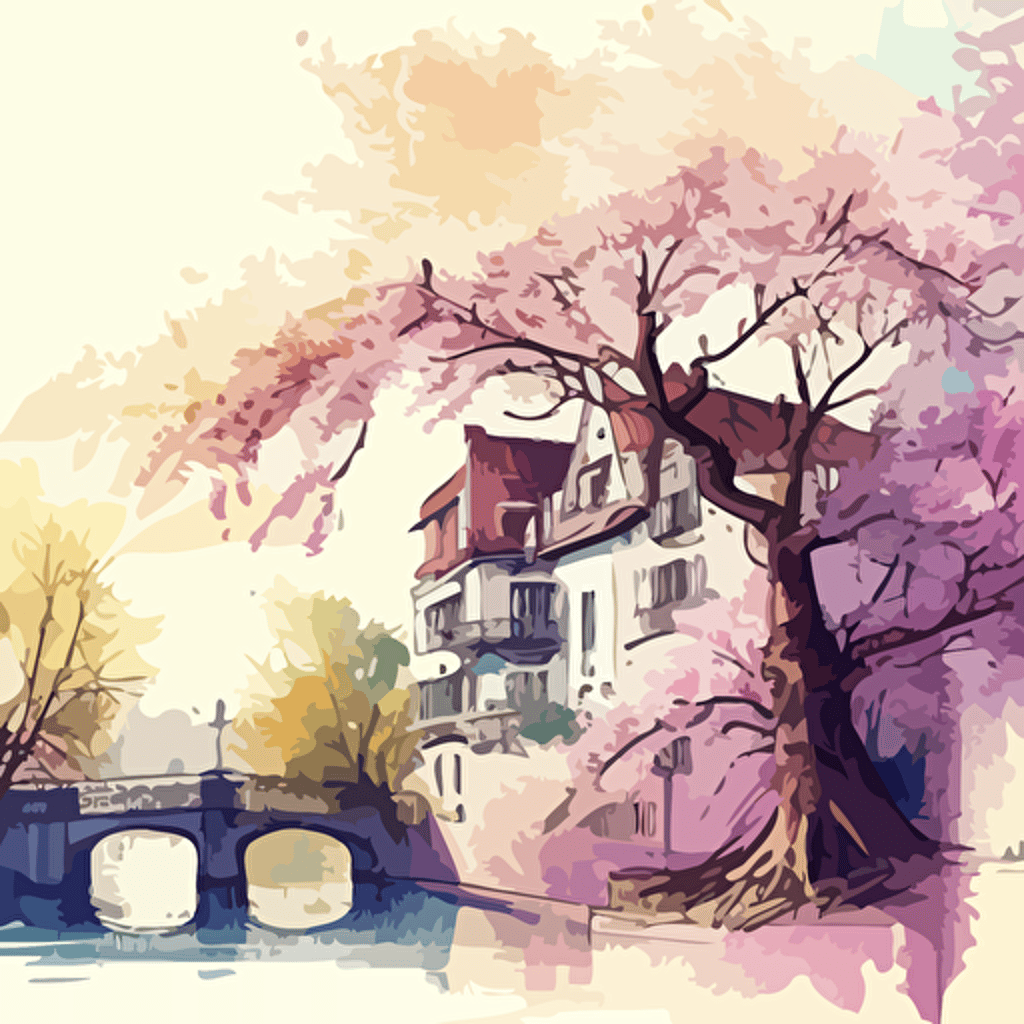 landscape, medieval paris overlooking the thames, urban sketch, travel drawing, pen drawing, watercolor painting, architecture drawing, cherry blossoms, vector:: style of mondrian, henry ossawa tanner, lisa frank