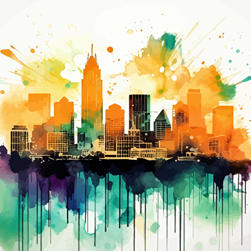uptown Charlotte North Carolina skyline abstract watercolor painting by nick manley, in the style of digital gradient blends, simplistic vector art, etam cru, dark emerald and amber, splattered/dripped, ai weiwei, horizons