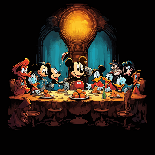 Disney cartoons last supper. Uhd. 16k. Vector image. Black background. Ink drips.