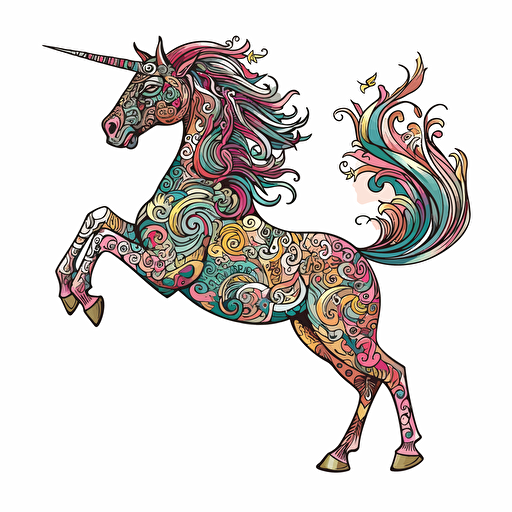 unicorn rearing up on its hind legs, Sticker, Joyful, Tertiary Color, Art brut style, Contour, Vector, White Background, Detailed