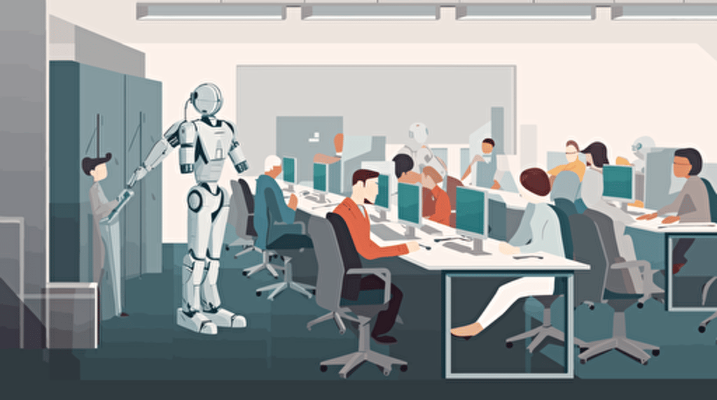 Vector color illustration in Calvin Sprague style, the illustration shows a cabinet room. 10 people are sitting around a long work table on which many work files are placed. A small friendly robot approaches the table carrying in its arms a large file. Flat design.