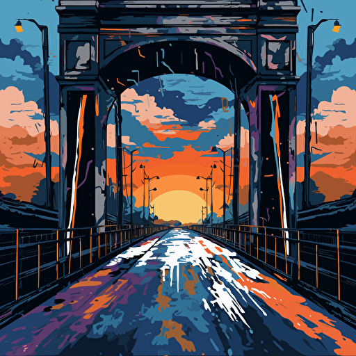 a vector image of a bridge leading to a prison in the distance, blue and orange and dark gray, graffiti style