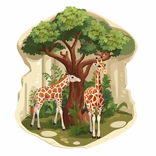isometric cartoon vector style image of giraffe enclosure, two giraffes, baby giraffe, eating from tree