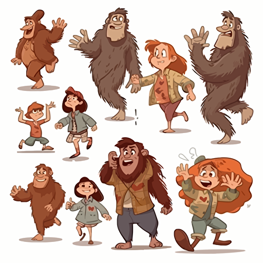 Bigfoot children´s movie, vector style, multiple poses and expressions, cartoon comic, children's book illustration style, white background