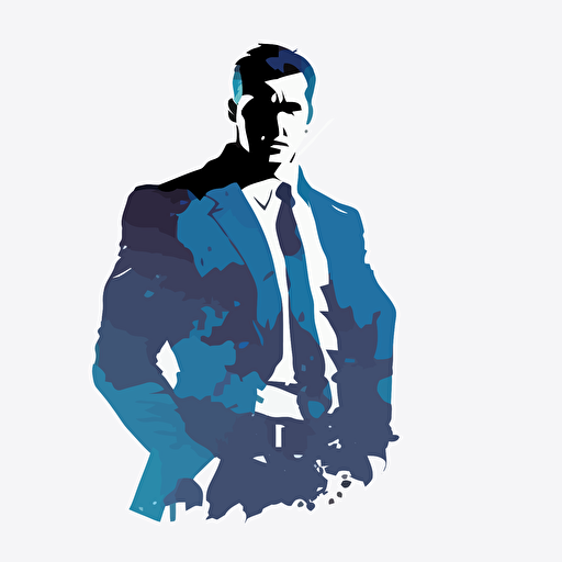 silhoette of professional man, arms crossed, blue color, white background, simple design, vector style