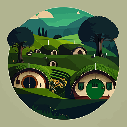 the shire with many hobbit homes with round doors, Green Fields, flat vector, studio ghibli style