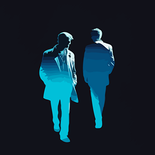 2 man, Rousing, Late Night, light blue color, blue background, simple design, vector style, white outline over silhouette