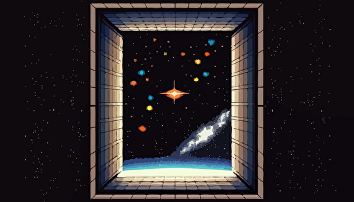 2D Vector, 1990s poster, 8bit pixel art, liminal space backdrop with border, mostly empty, cosmic stars space, high definition, soft gradients