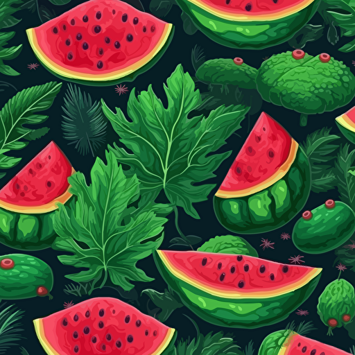 weed Watermelon illustration, epic composition, 2d vector, greens, seamless pattern