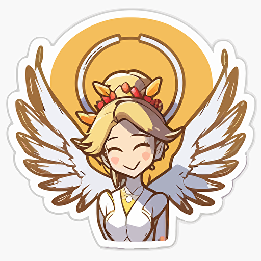 sticker, Happy Mercy from the video game Overwatch, weilding her staff and a halo over her head, kawaii, contour, vector, white background