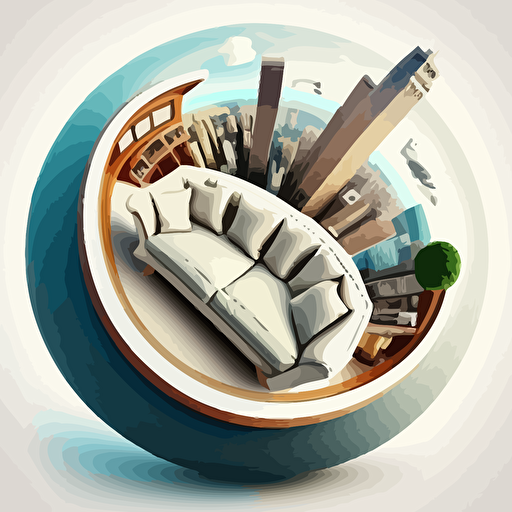 a modern sofa standing above the big world. fisheye lens effect, vectorel design, colored and white background