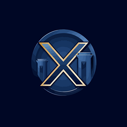 clean, minimalist, navy blue X letter mark logo, commercial buildings in the background, vector emblem, smooth, navy blue, tech style