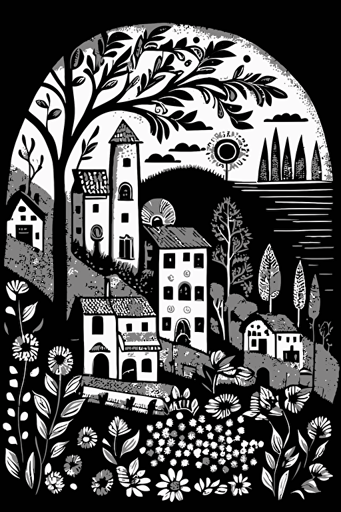 svg vector drawing, doodle style, detailed sharp artwork, A picturesque spring village in Italy black and white, maximalist art style, by Karla Gerard, Periwinkle