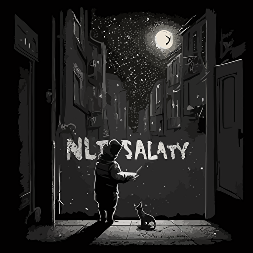 Drawing from Banksy's street art, create a vector illustration of a city alley where animals are painting graffiti on the walls, expressing messages of hope and unity. Set the scene during a starry night.