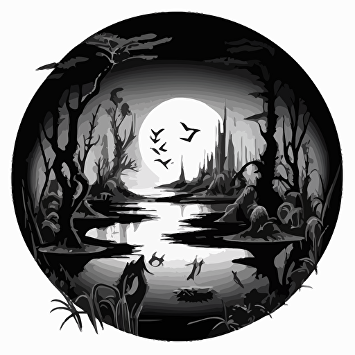 black and white drawing of a fantastical, dark, occult swamp, 700mm diameter circular image with black outer border, vector
