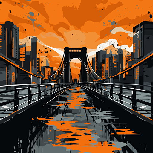 a vector image of a bridge, a prison and a city, black and orange and dark gray, graffiti style