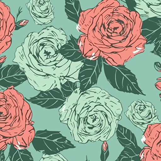 Roses and leaves in minimalistic style, fabric print in vibrant christmas themed colors vector pattern light mint color background