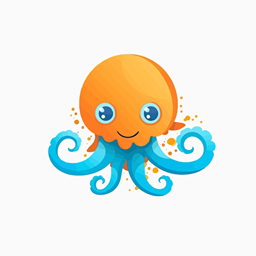 create a modern, minimalist but colourful blue and orange logo on white background of happy octopus in flat vector art style
