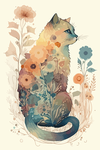 cat , flowers, boho color, daniel merriam style, vector, 2d,