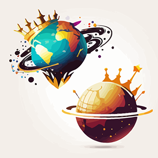 vector logo of globe with crown floating above it, alien ship and a satellite both orbit the globe, white background