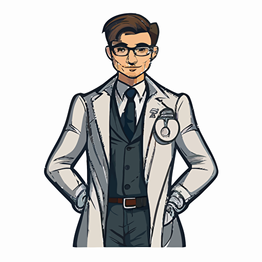 Create a 2d vector art style image of a doctor wearing a suit with a white background. The doctor must be anatomically correct and needs to be holding a tablet with his hands and must be looking at it. The overall style should be modern and sleek, and he should look like a superhero.