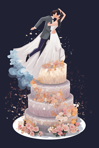 vector illustration wedding cake with bride and groom falling off the side, transparent background