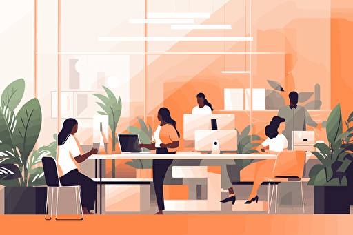 A vector illustration of a team of happy diverse people working together in a modern bright office.