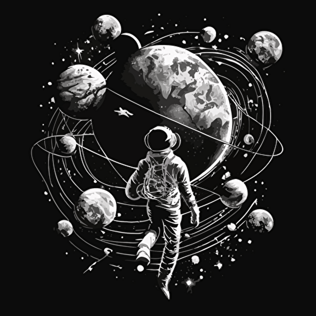 black and white vector illustration of astronaut holding a tightly grouped strings connected to planets that are pulling him into space as he looks directly up at the planets in wonder. transparent background. Scene: outer space, nostalgic look.