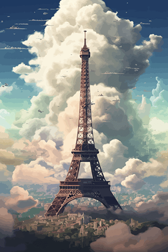 vector art, eiffel tower, clouds