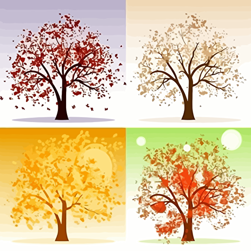 Vector set illustration of a tree in 4 seasons. Spring, summer, autumn, winter