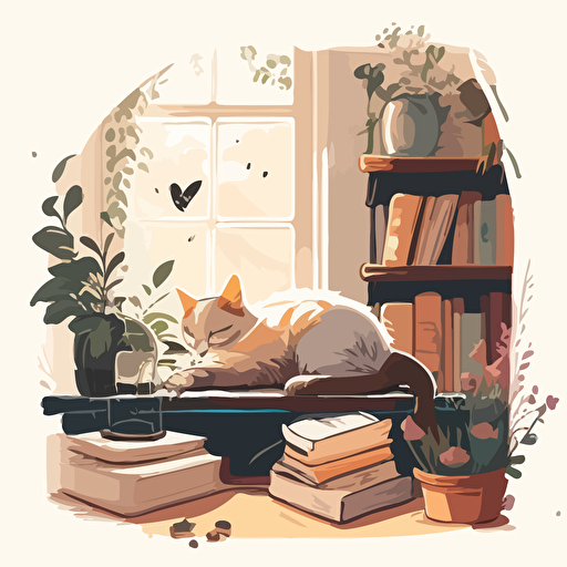 neutral colors, english country cottage style room with small stack if books, sprigs of herbs and flowers resting in the foreground, small cat sleeping in a cute pose near the books, nick-nacks positioned near-by, bookmark, contour, vector