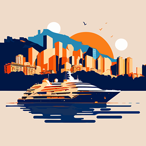 Vector image of the Monaco skyline, yachts, using only orange and blue colours, simple cartoon style shading, very simple, blue skies, hill