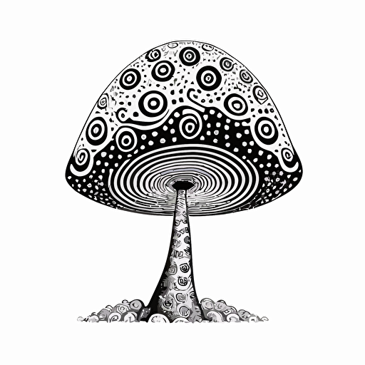 whimsical mushroom in style of charles williams, black and white, flat, vector, line drawling, white background ar 1:1