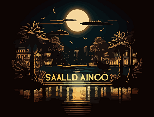 vector image, illustration, logo style, nighttime lake in Oakland California , in the style of text and emoji installations, the san francisco renaissance., stockphoto, iconic civil rights imagery, spot metering, glowing lights, vancouver school