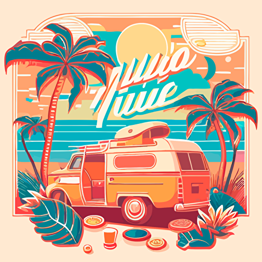 Vacation vibes motif, retro aesthetics, vector image, sticker, pantone color scheme. The final piece should exude a warm, holiday
