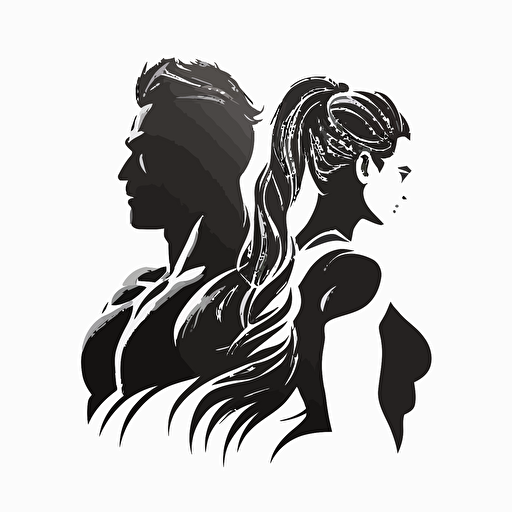 a vector logo with a silhouette of a muscular female back to back with a muscular man with a white background