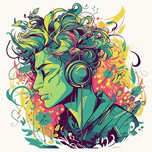 vector illustration of beautiful young man with a computer gadget technology face and wild green garden hair, in vivid colors